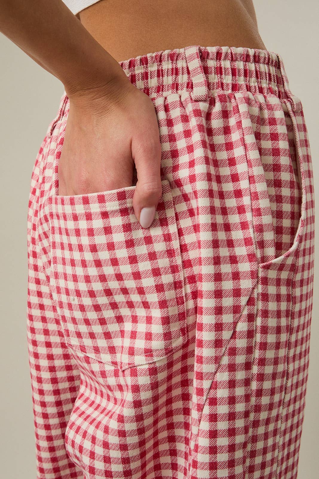 Red Gingham Printed Barrel Twill Pants