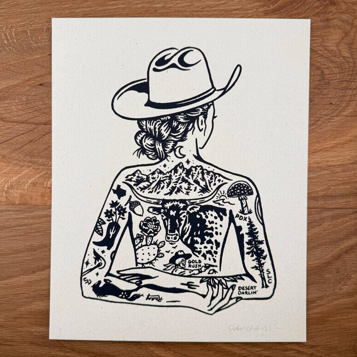 Tattooed Cowgirl 1 - Signed 8x10in Silkscreen Print on Recycled Paper