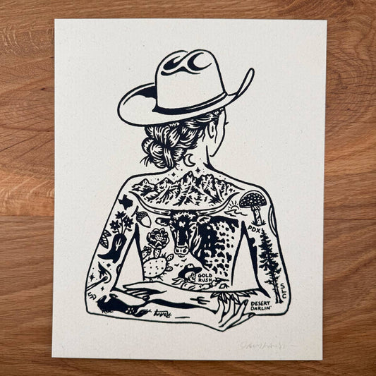 Tattooed Cowgirl 1 - Signed 8x10in Silkscreen Print on Recycled Paper