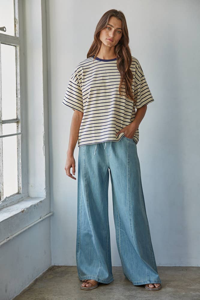 Woven Cotton Denim Wide Leg Pants With Pockets