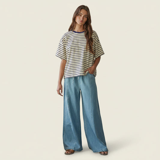 Woven Cotton Denim Wide Leg Pants With Pockets