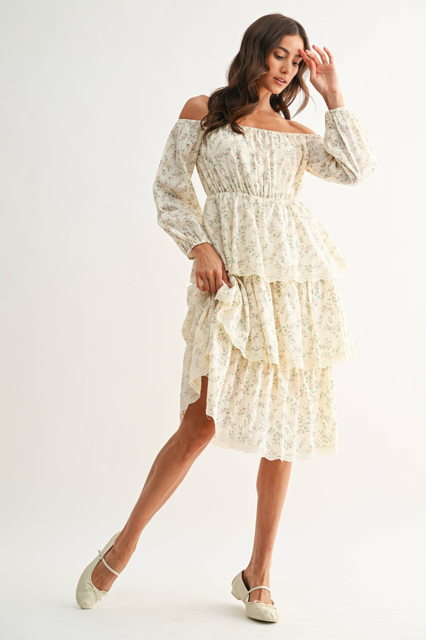 Off-Shoulder Tiered Floral Midi Dress