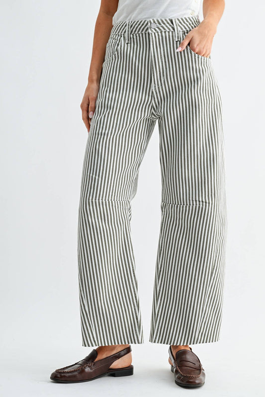 Olive Stripe Raw Hem Barrel Jean - Just Black Denim