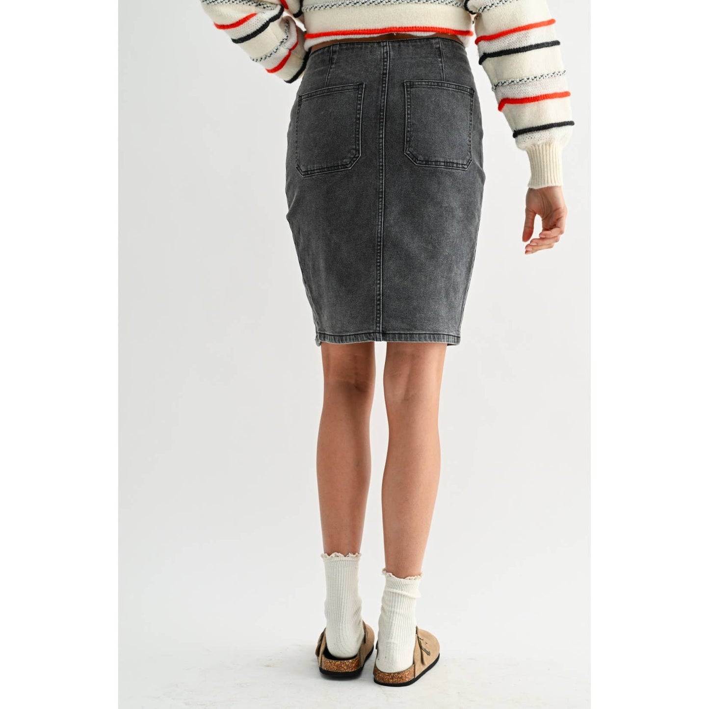 Washed Dark Grey Button Denim Skirt