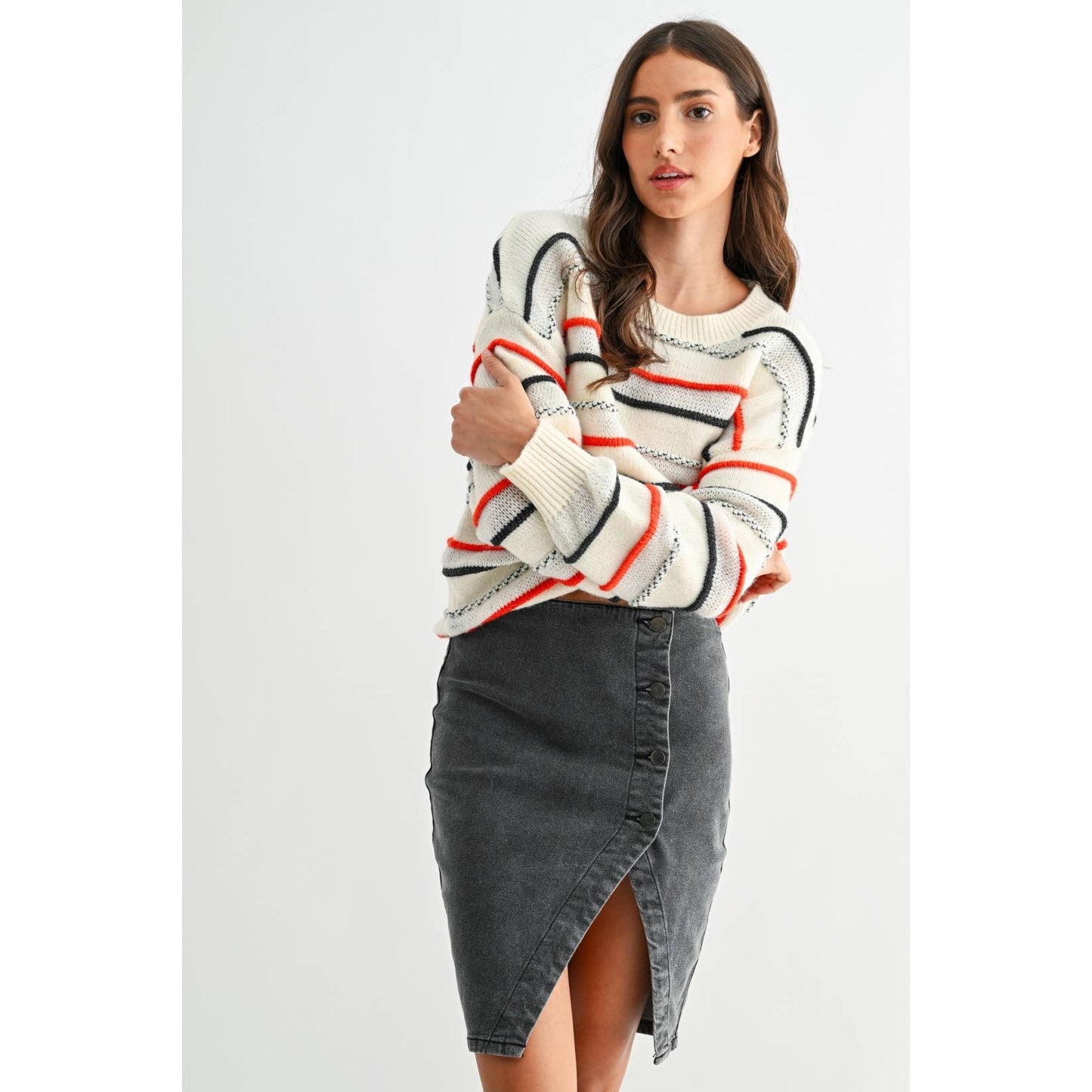 Washed Dark Grey Button Denim Skirt
