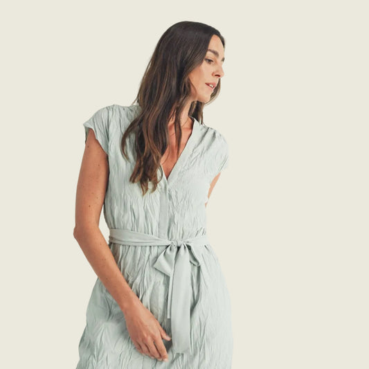 Mint Crinkled Button Up Midi Dress