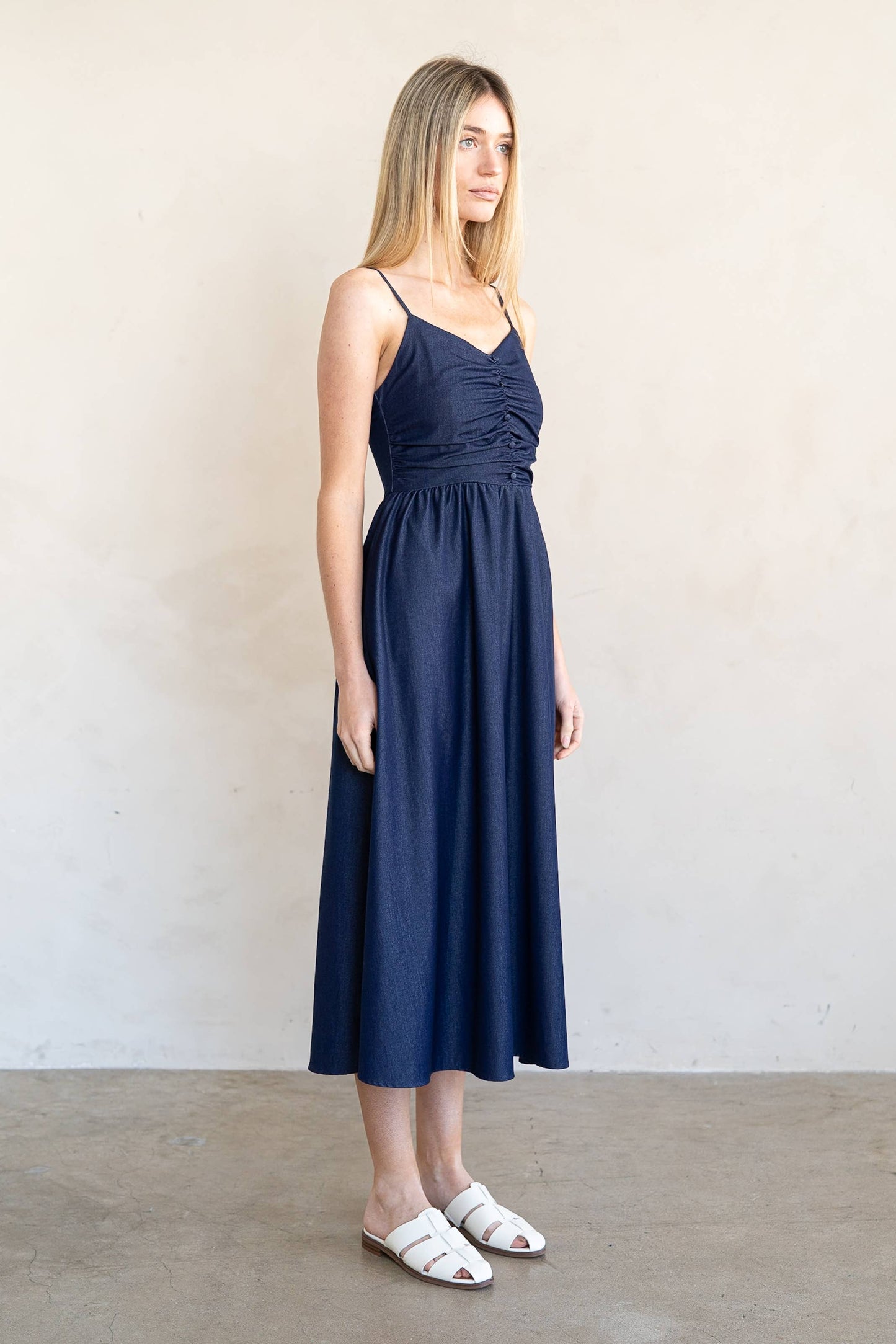 Spaghetti Strap Shirring Flared Midi Dress