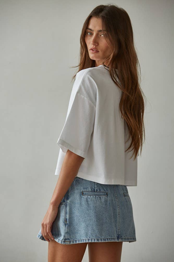 Knit Cotton Crew Neck Drop Shoulder Short Sleeve Top