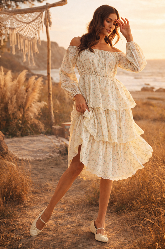 Off-Shoulder Tiered Floral Midi Dress