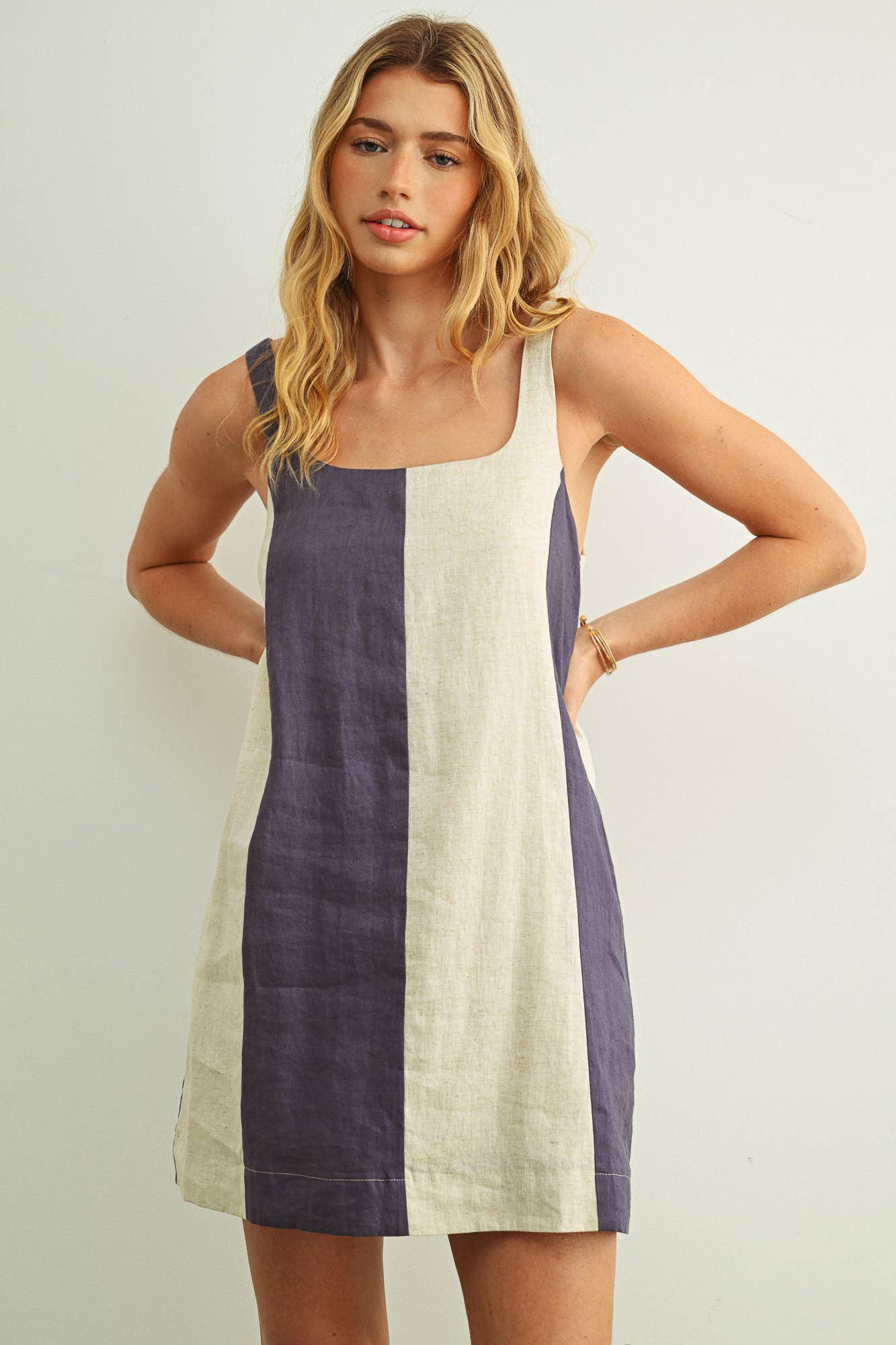 COLOR BLOCK LINEN MINI DRESS