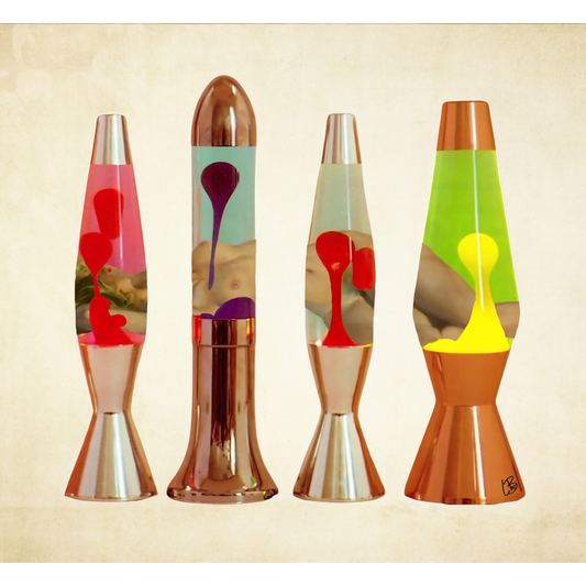 Four colorful lava lamps on a beige background