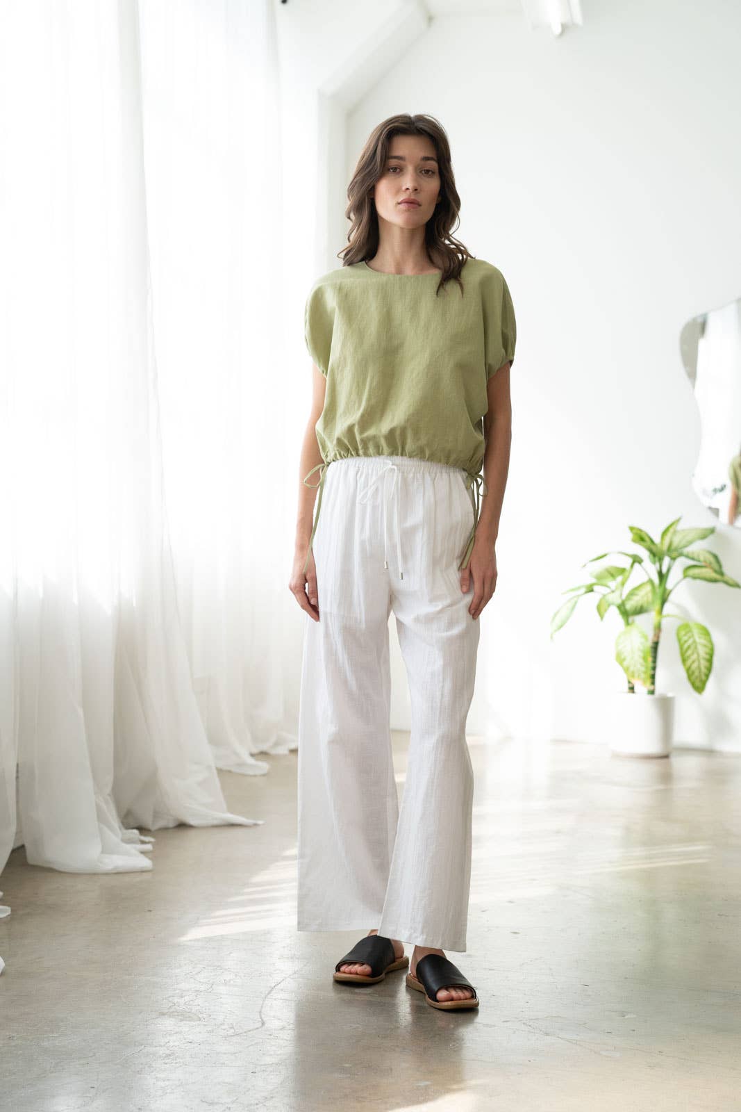 Elasticized Cap Sleeve Linen Top