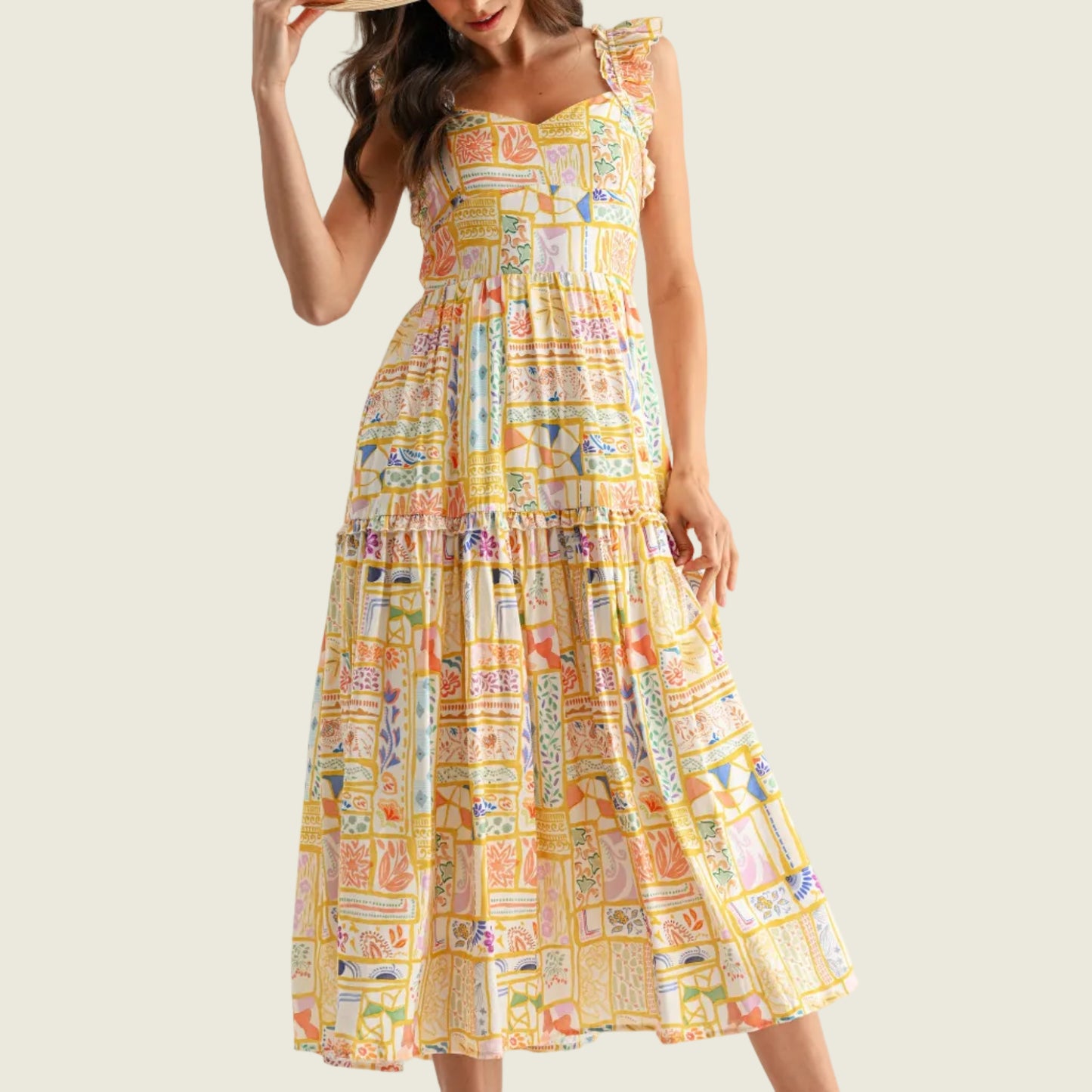 Patchwork Print Ruffle Strap Midi Dress
