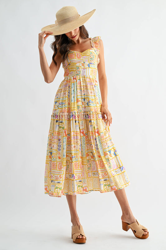 Patchwork Print Ruffle Strap Midi Dress
