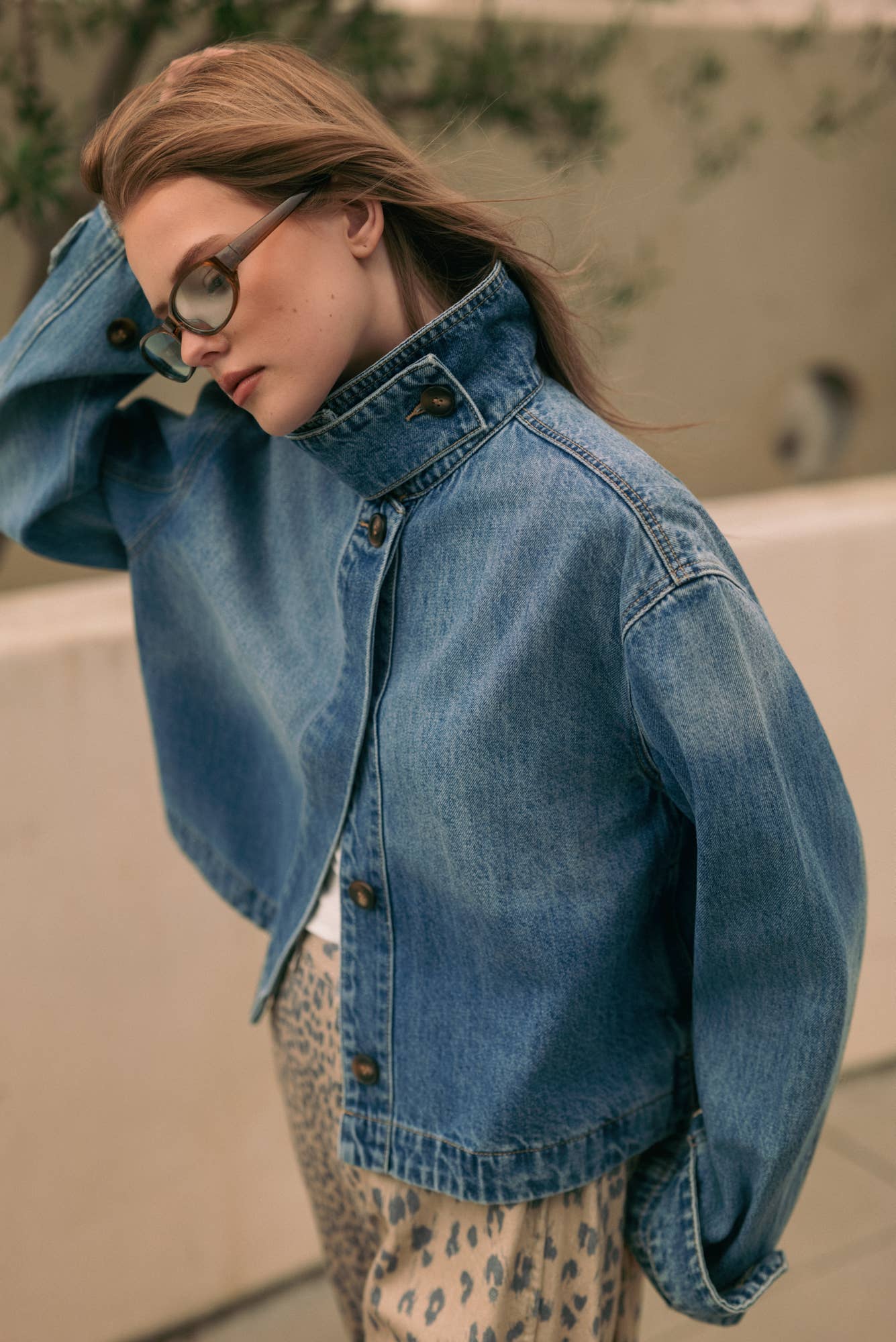 High Collar Funnel Neck Light Wash Denim Jacket