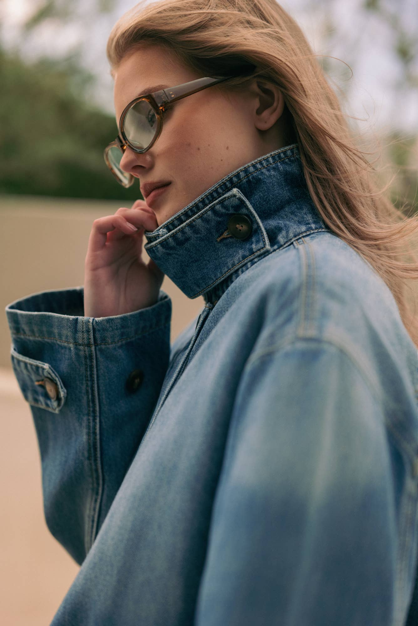 High Collar Funnel Neck Light Wash Denim Jacket