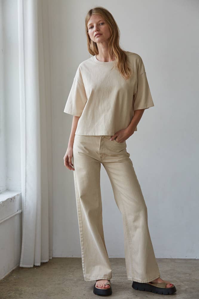 Knit Cotton Crew Neck Drop Shoulder Short Sleeve Top