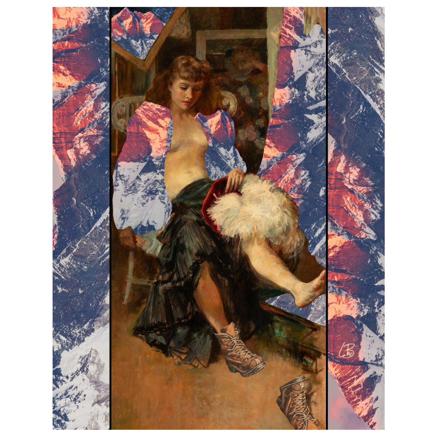 A vintage inspired collage image featuring a woman sitting with her boots off, resting her feet on a stool, with a mountainous landscape in the background. The image is digitally altered to have a warm color palette and is set against a patterned background.