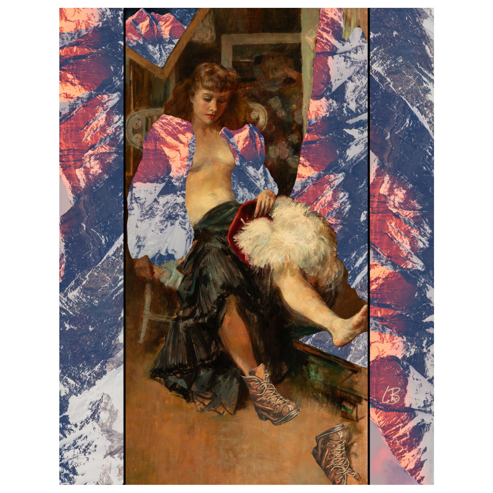A vintage inspired collage image featuring a woman sitting with her boots off, resting her feet on a stool, with a mountainous landscape in the background. The image is digitally altered to have a warm color palette and is set against a patterned background.