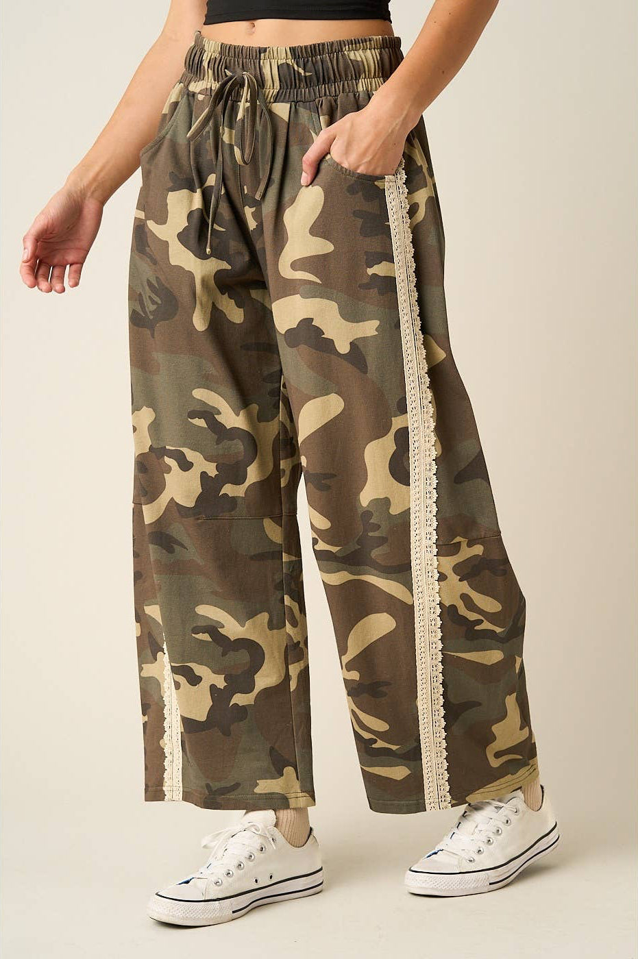 Bronson Camo Print Barrel Leg Jeans with Lace Trim