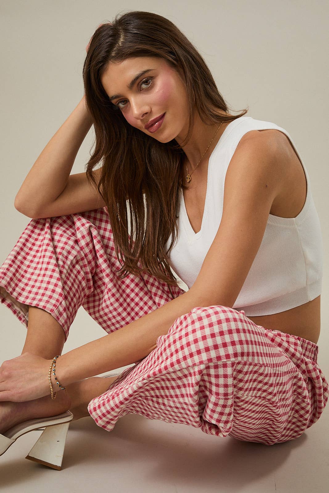 Red Gingham Printed Barrel Twill Pants