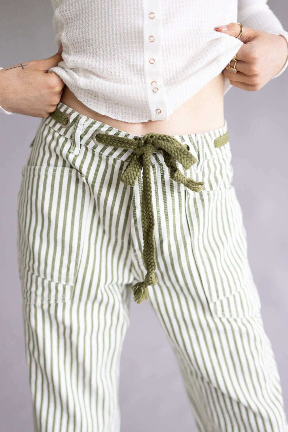 Olive Striped Barrel Jeans with Eyelet Waist