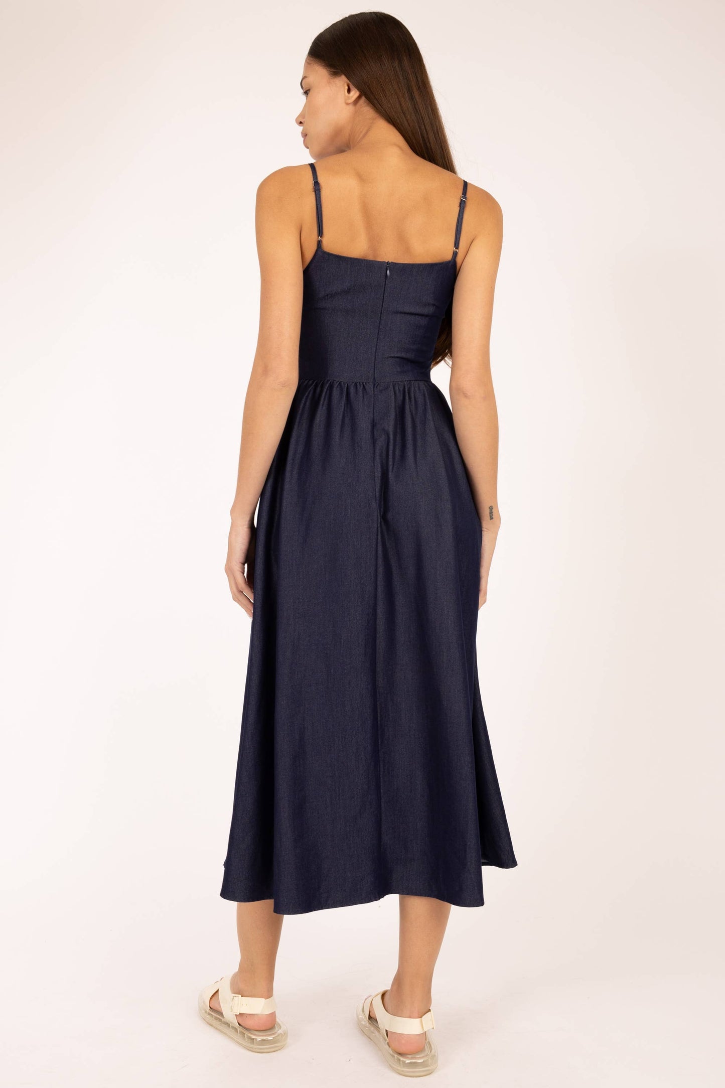 Spaghetti Strap Shirring Flared Midi Dress