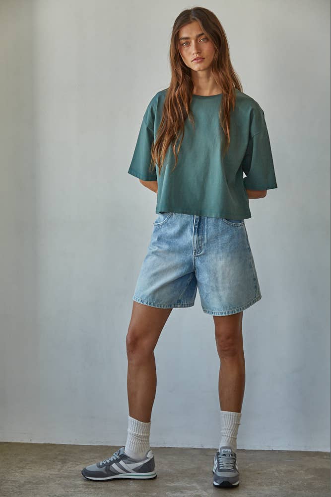 Knit Cotton Crew Neck Drop Shoulder Short Sleeve Top