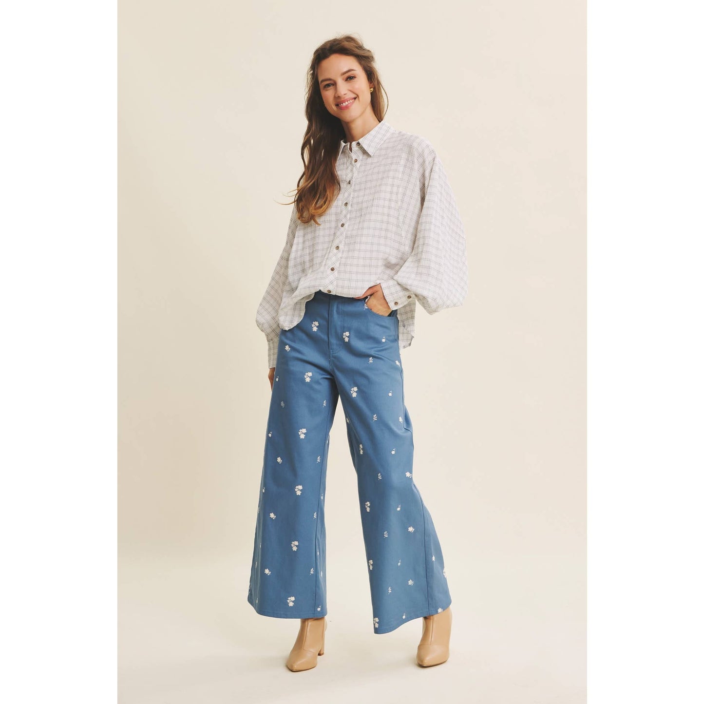 Embroidery Cotton Span Wide Leg Pants
