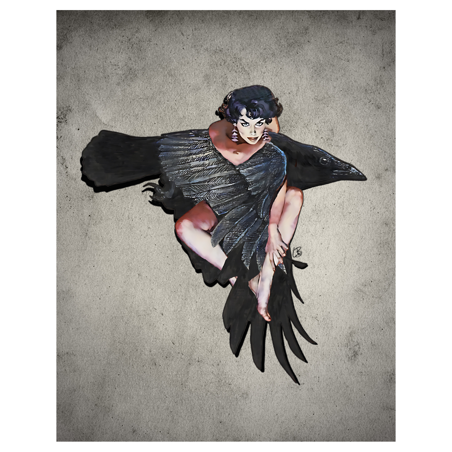 A artistic representation of a person dressed as a raven with black wings, merging into the image of a woman with flowing hair.