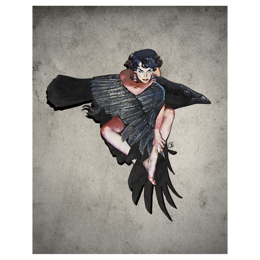 A artistic representation of a person dressed as a raven with black wings, merging into the image of a woman with flowing hair.