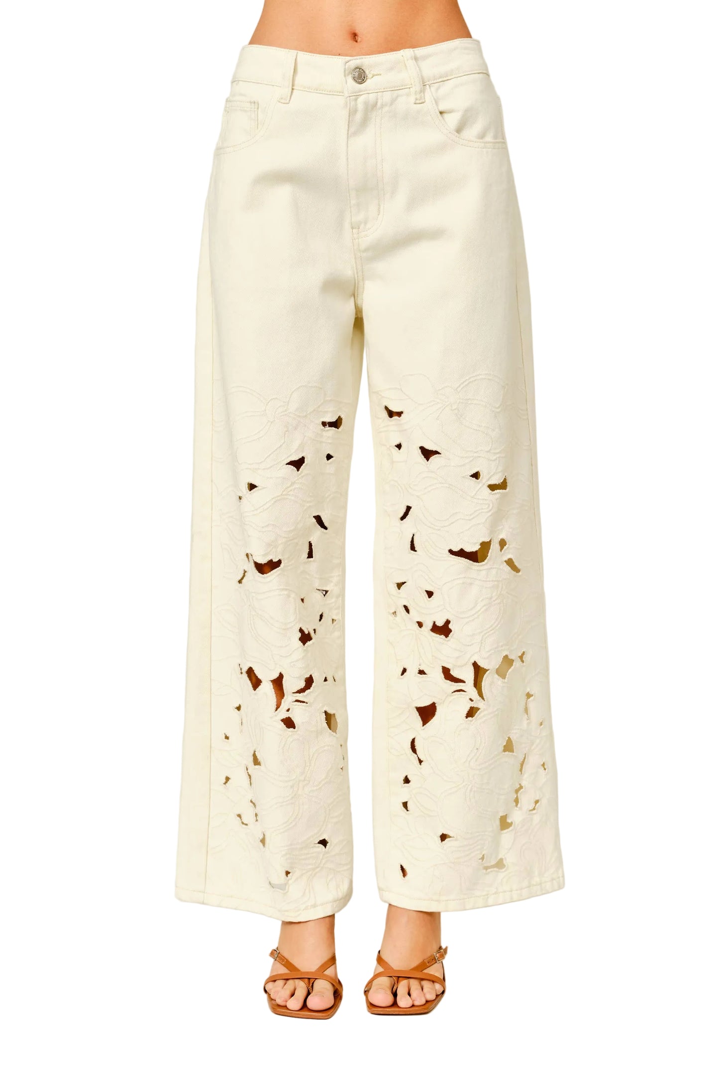 Cut Out Embroidered Wide Leg Jeans