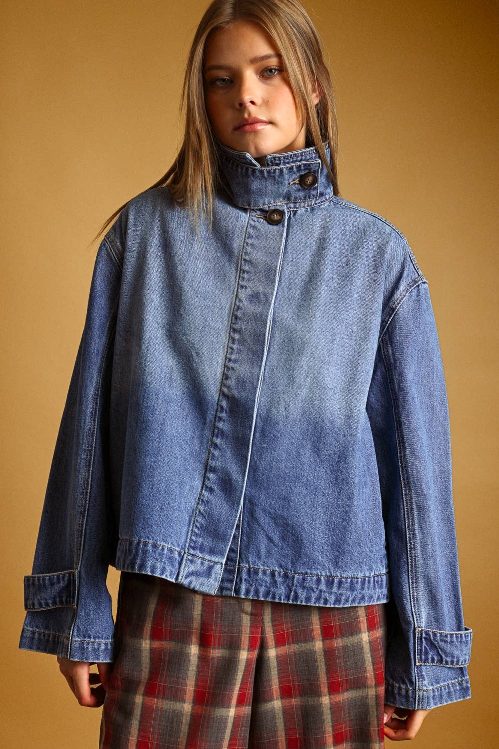 High Collar Funnel Neck Light Wash Denim Jacket