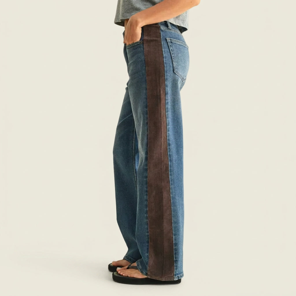 Wide leg jeans with corduroy side panels at Imogene Was Here
