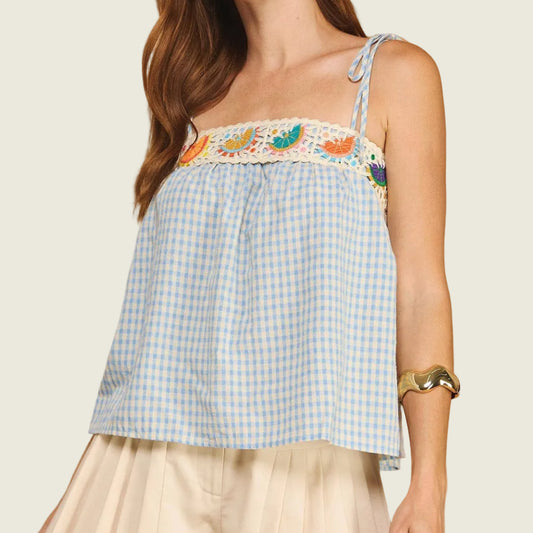 Fruit Crochet Trim Detail Gingham Tie-Strap Camisole Top