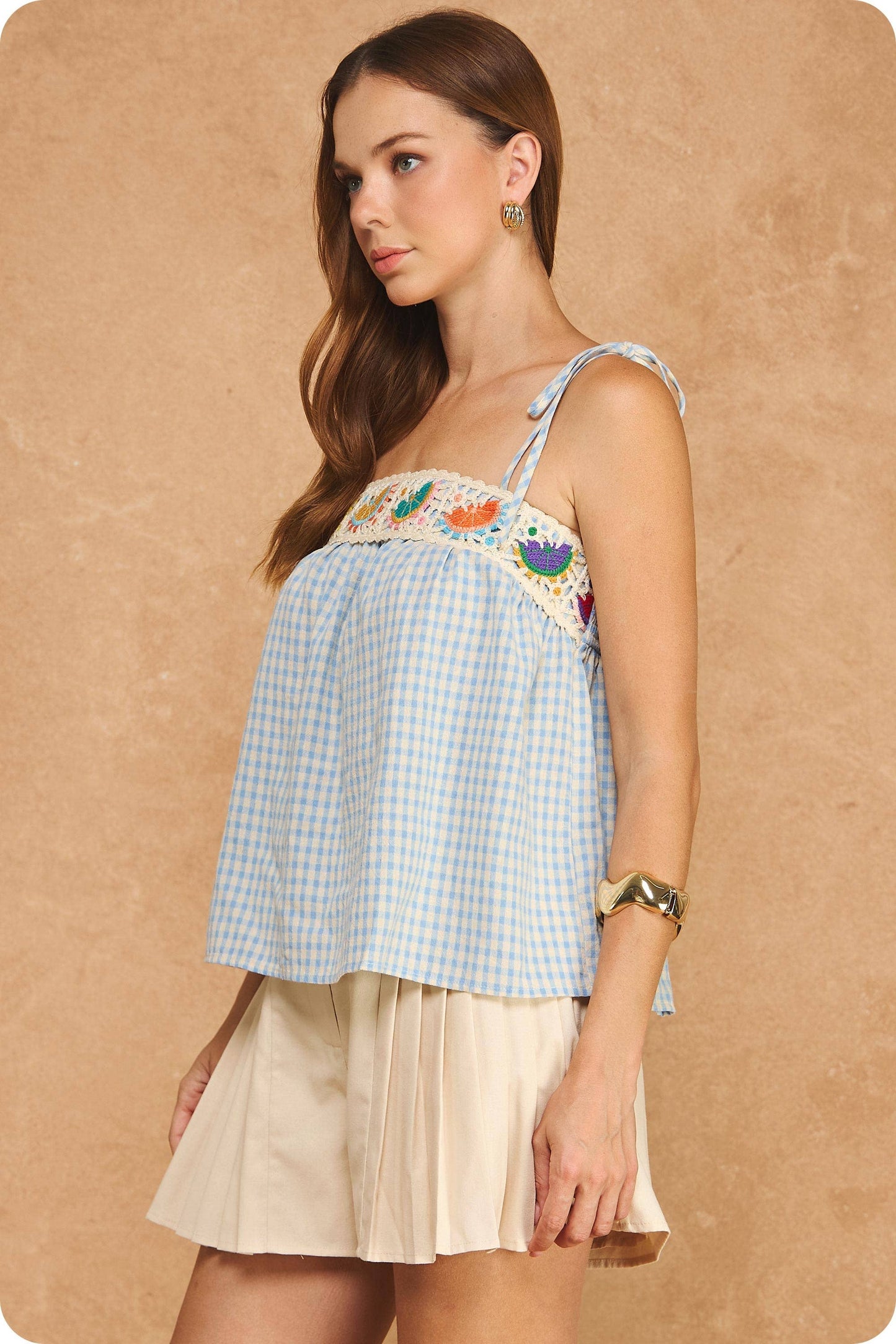 Fruit Crochet Trim Detail Gingham Tie-Strap Camisole Top