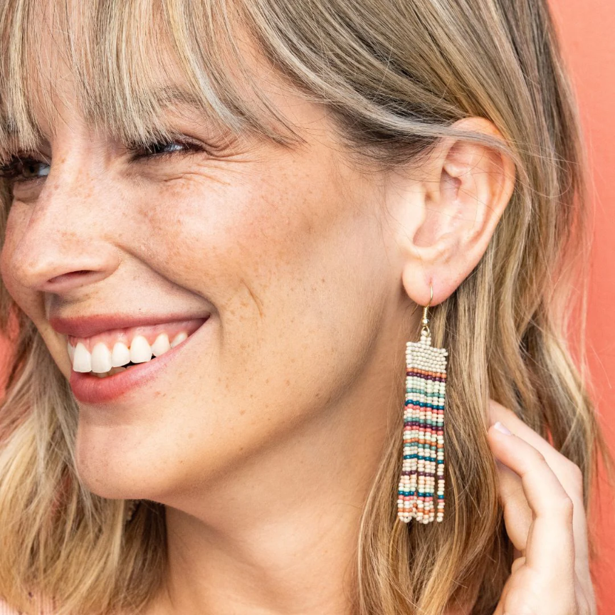 Adaline Horizontal Stripes Beaded Fringe Earrings - Light Desert - Ink + Alloy