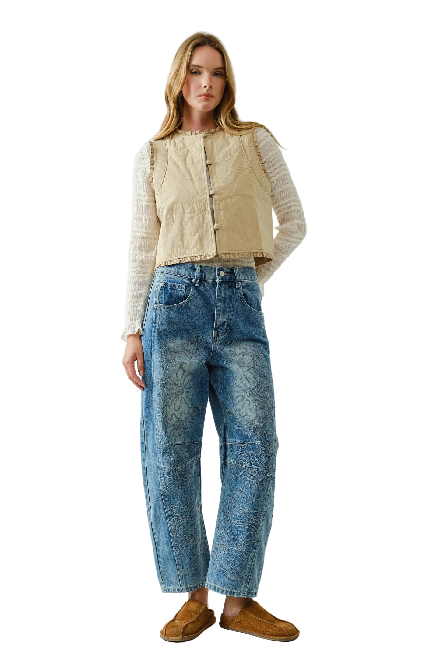 Embroidered Detail Cotton Barrel Pants