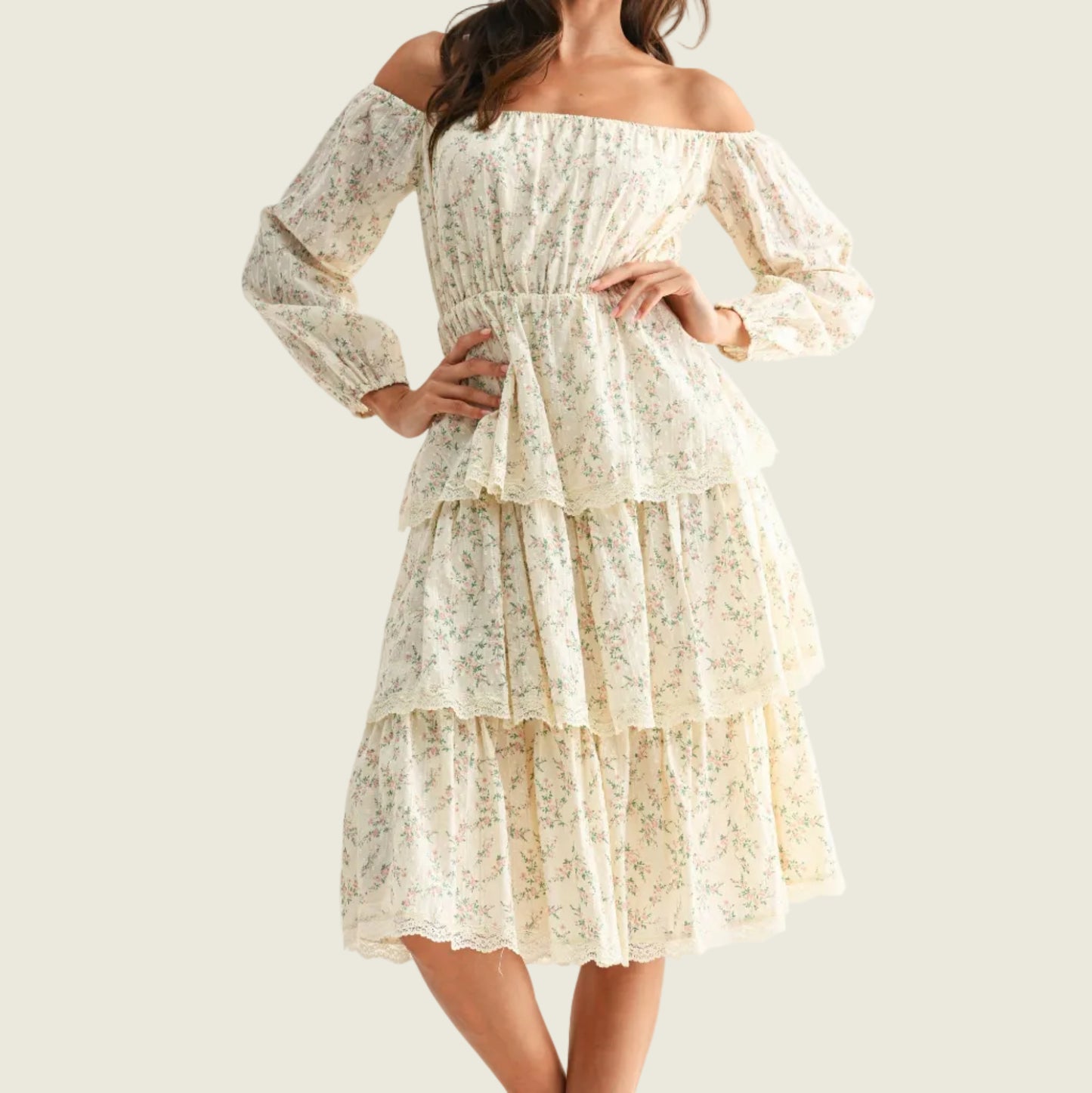 Off-Shoulder Tiered Floral Midi Dress