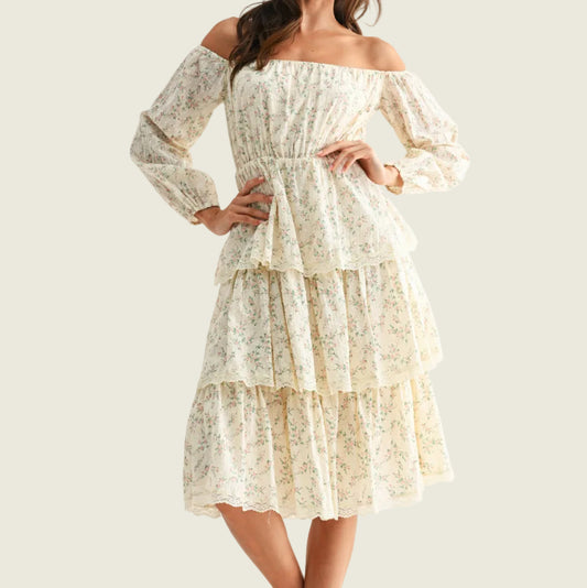 Off-Shoulder Tiered Floral Midi Dress