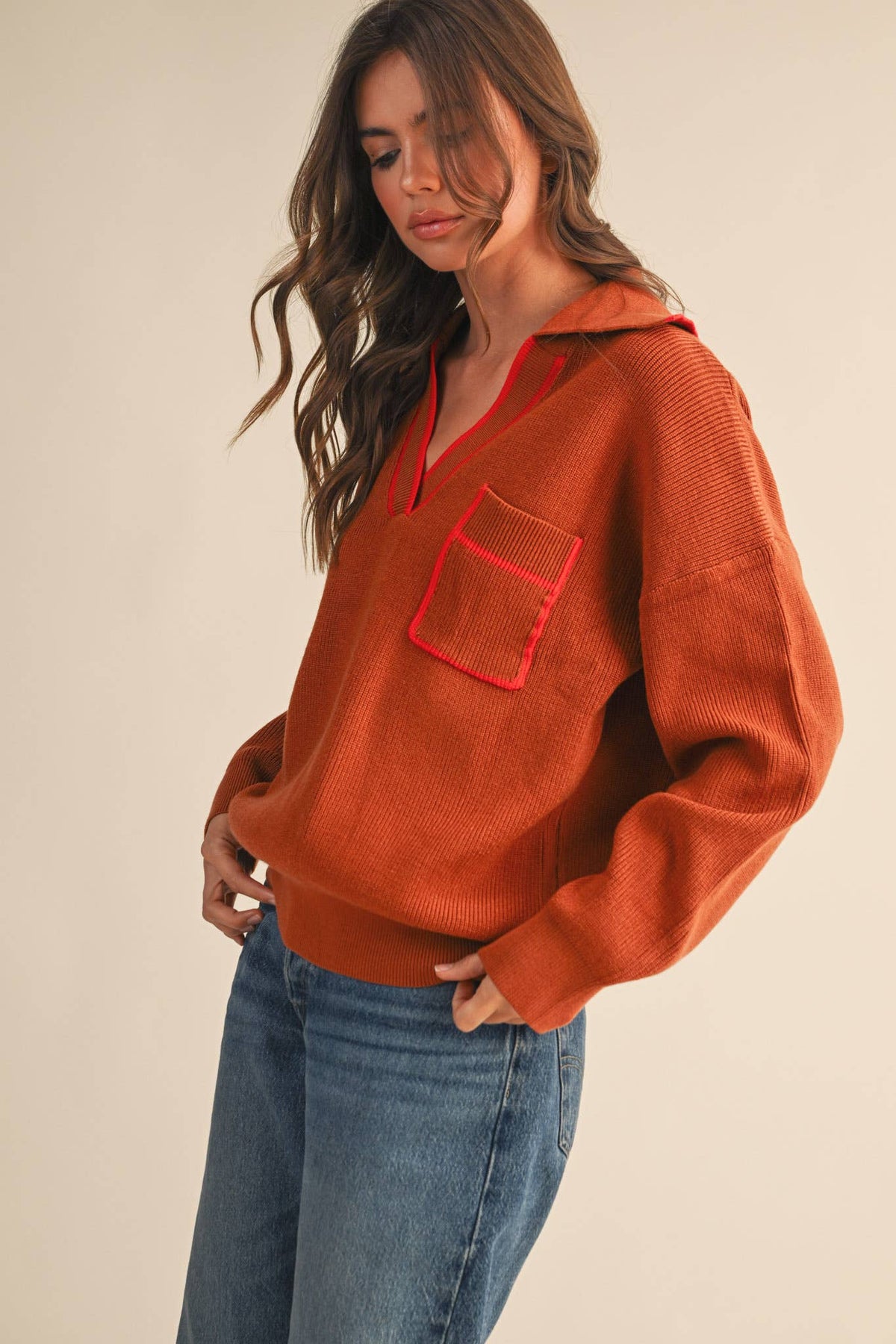 Contrast Color Ribbed Collar Sweater