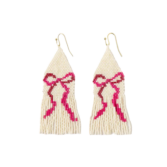 Delilah Pink Bow Beaded Fringe Earrings Ivory - Ink + Alloy