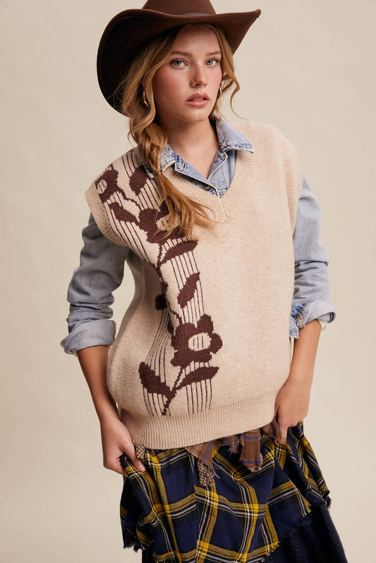 Intarsia Floral Knit Sweater Vest
