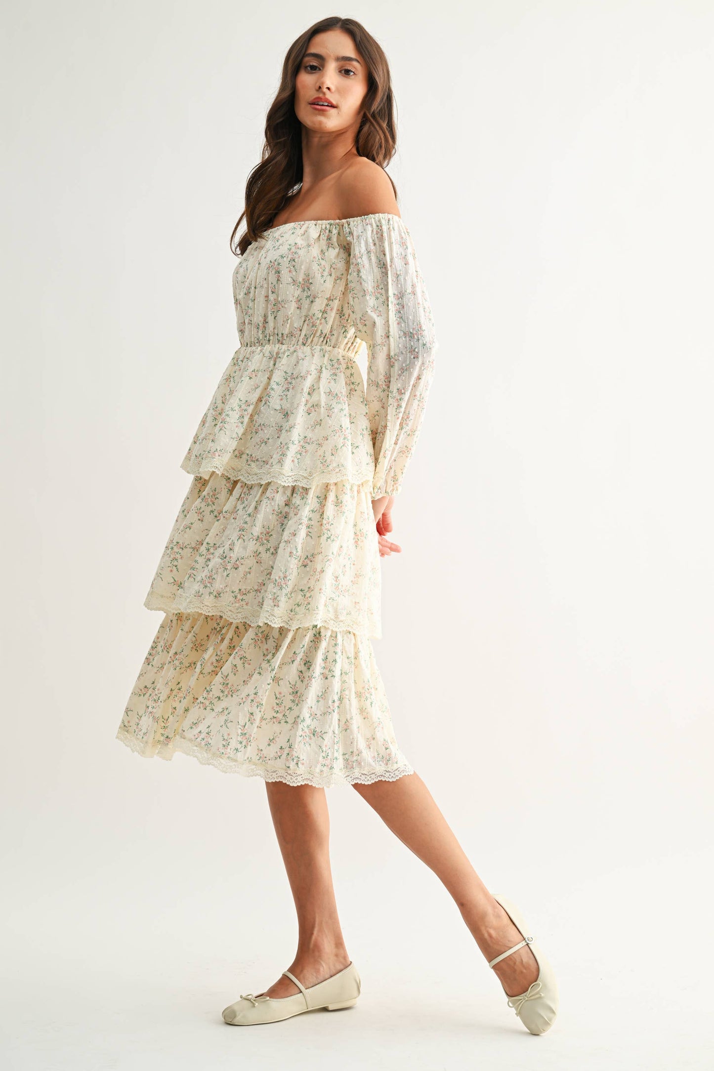 Off-Shoulder Tiered Floral Midi Dress