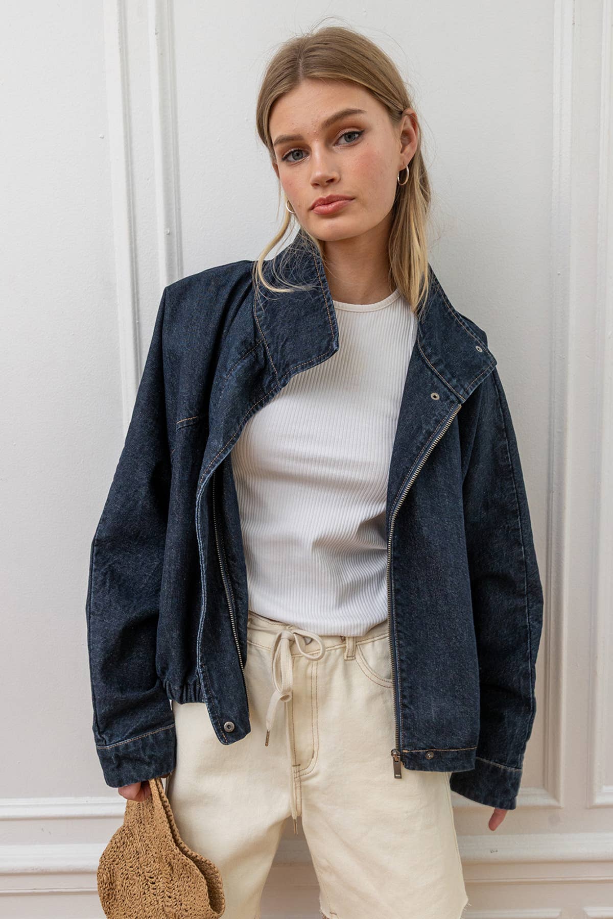 High Neck Funnel Denim Dark Wash Jacket