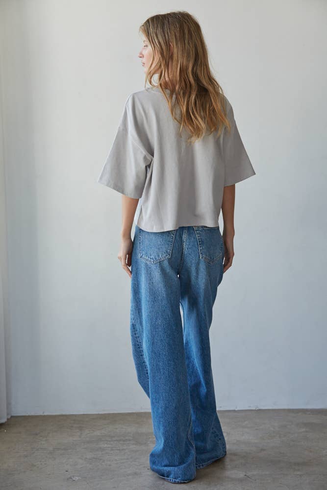 Knit Cotton Crew Neck Drop Shoulder Short Sleeve Top