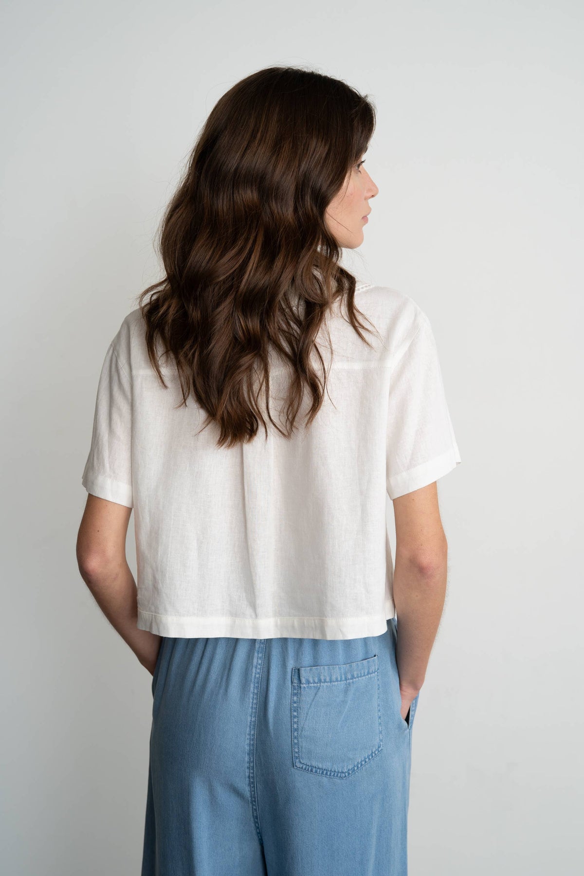 Chambray Elastic Waist Wide Leg Pants