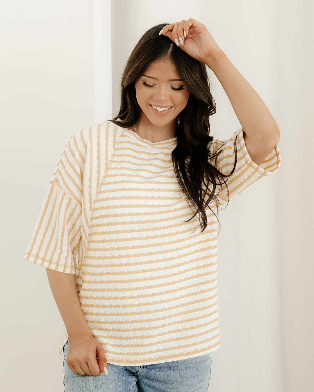 Noelle Textured Knit Top-Apricot | Stripe Tee |Split Hem Tee
