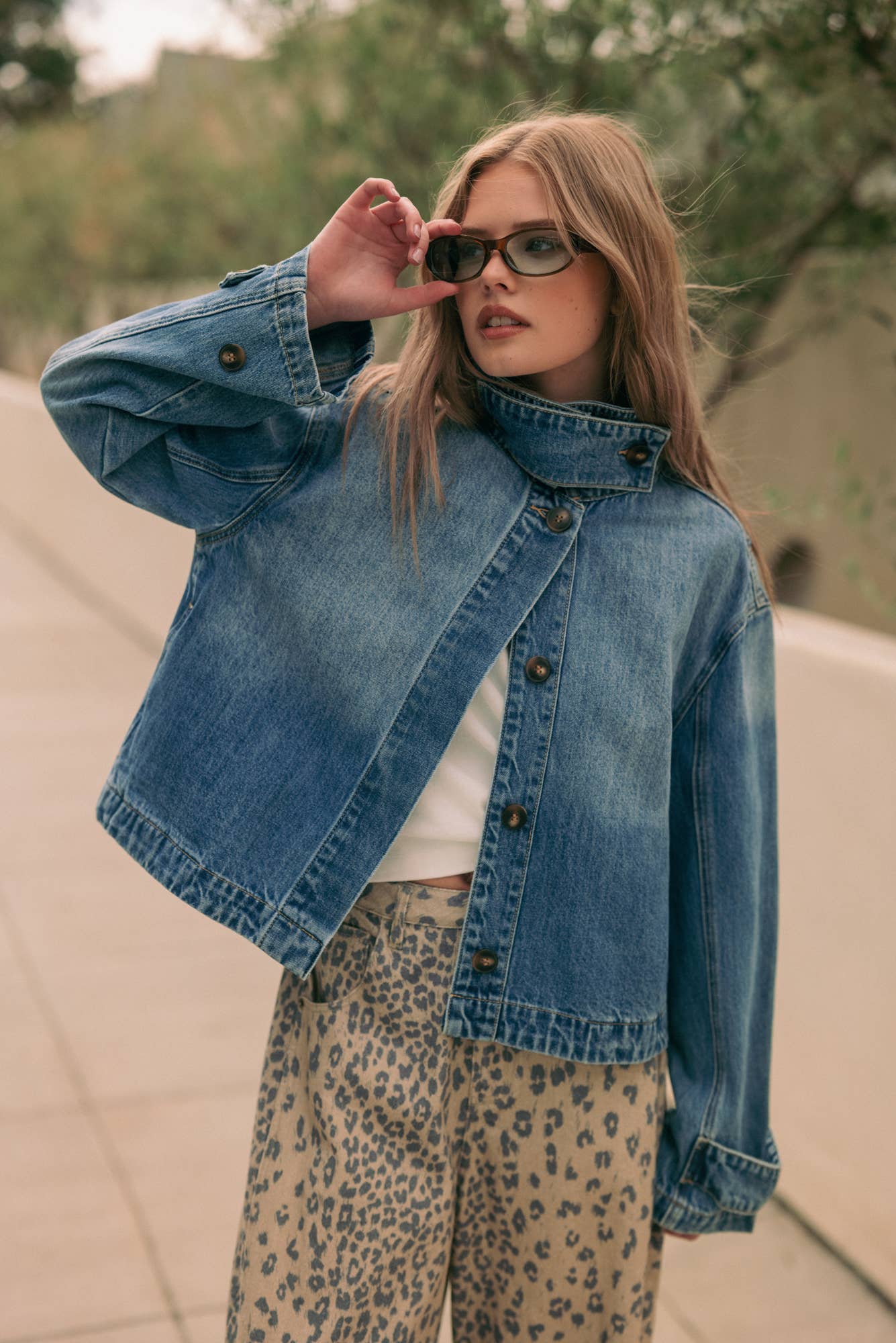 High Collar Funnel Neck Light Wash Denim Jacket