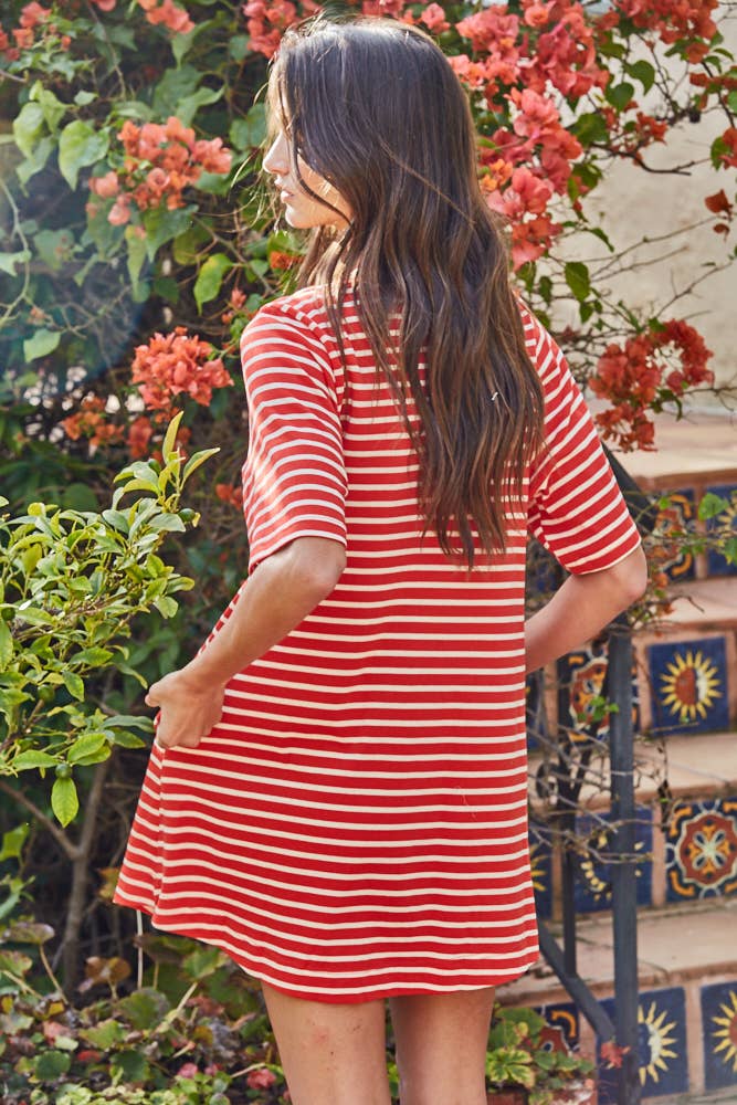 Woven Cotton Striped Short Sleeve Round Neck Mini
